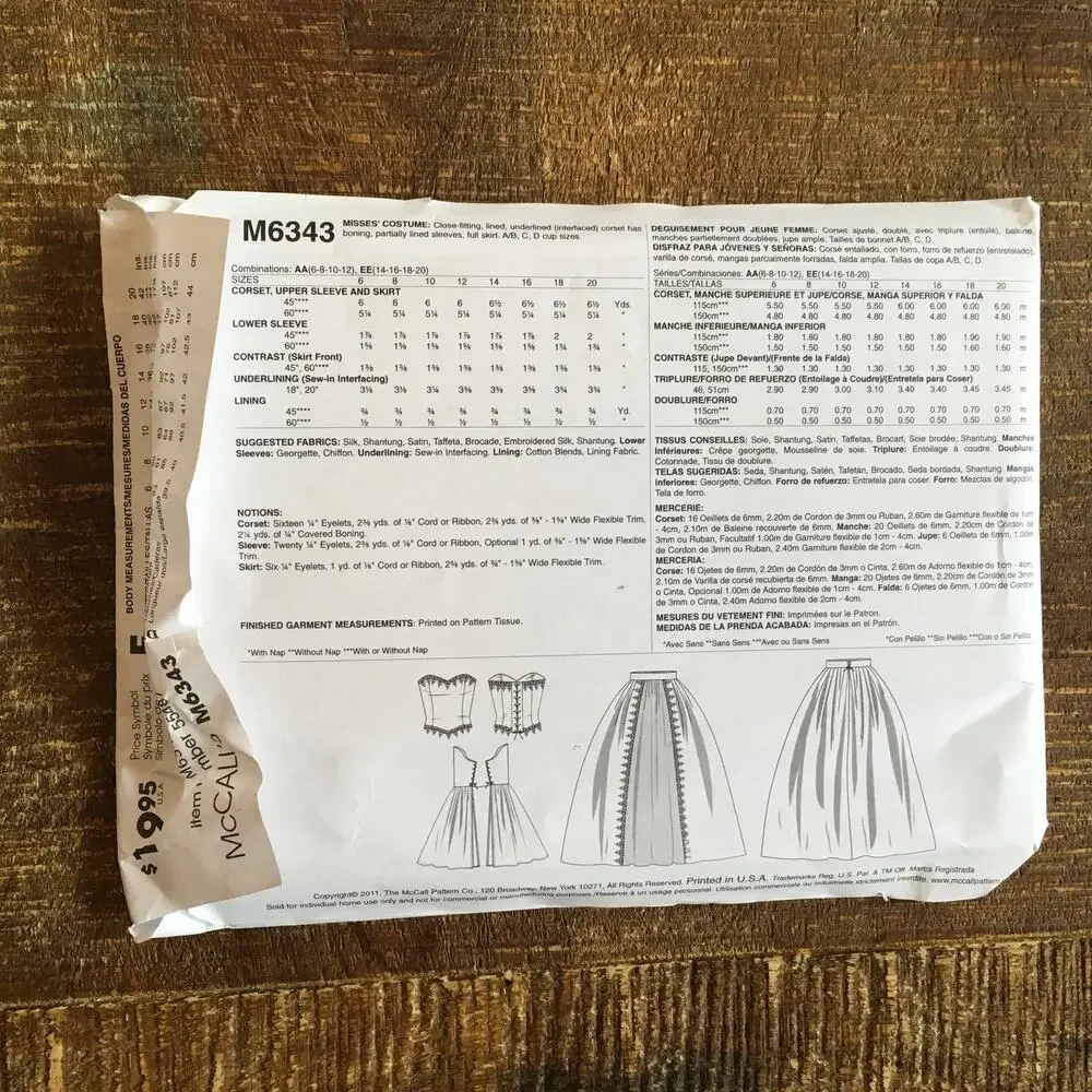 McCalls Sewing Pattern M6343 Medieval Ren Faire Costume Corset Skirt 6-12 UNCUT